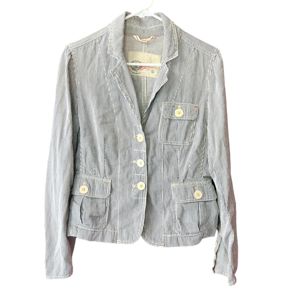 Gap 1969‎ Limited Edition Hickory Stripe Denim Blazer Jacket Blue White Womens L